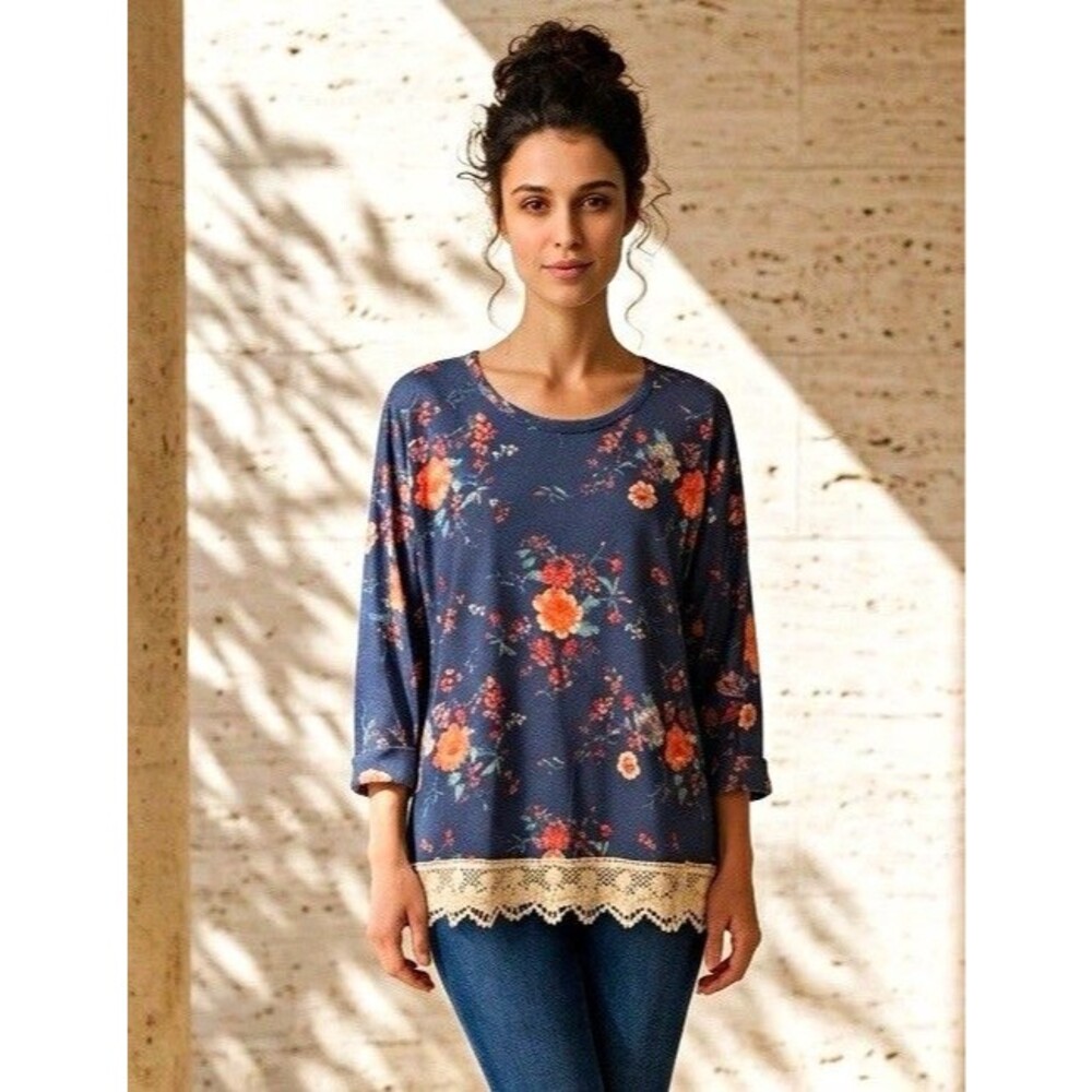 eyes shadow Blue Floral Lace Trim Round Neck 3/4 Sleeve Knit Tunic Blouse L